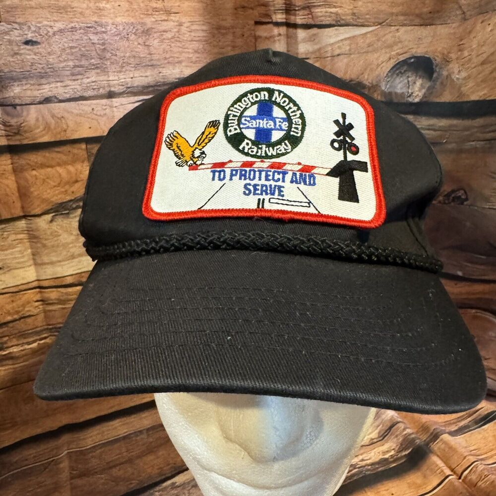 VTG BNSF Railway Hat Cap "To Protect & Serve" Eagle Patch Black Snapback Trucker